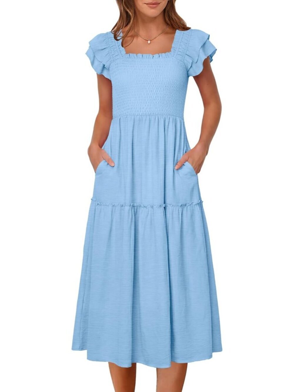 Caracilia Women's Bright Blue Casual Ruffle Short Sleeve Square Neck Maxi Dress